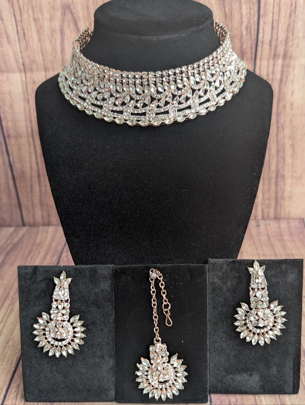 Rose Gold Rhinestone Sparkly Crystal Choker Necklace Set